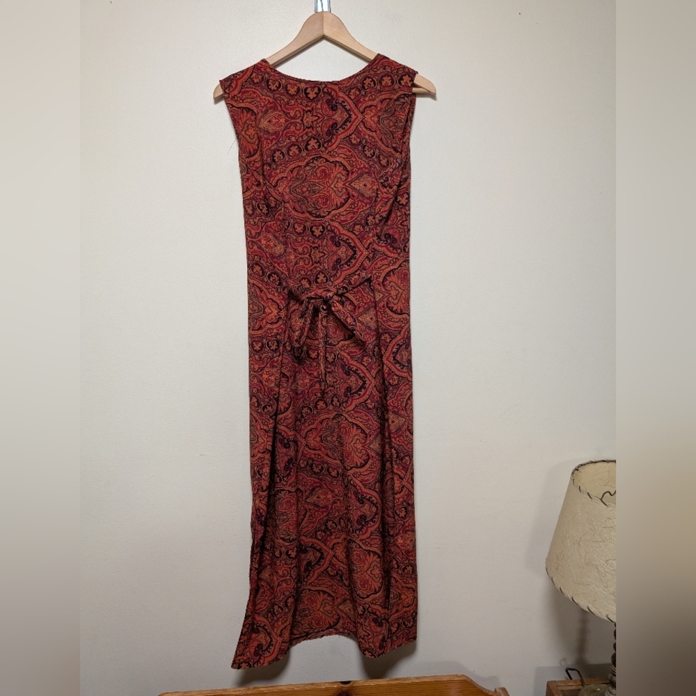 Boho 90s Rayon Maxi Dress Tie Waist Paisley Print – Made in USA Size L - Picture 3 of 8
